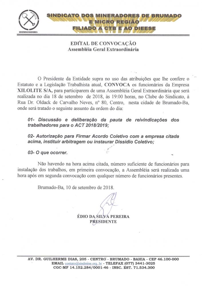 Edital de Convocação - Assembléia Geral Extraordinária - Xilolite S/A