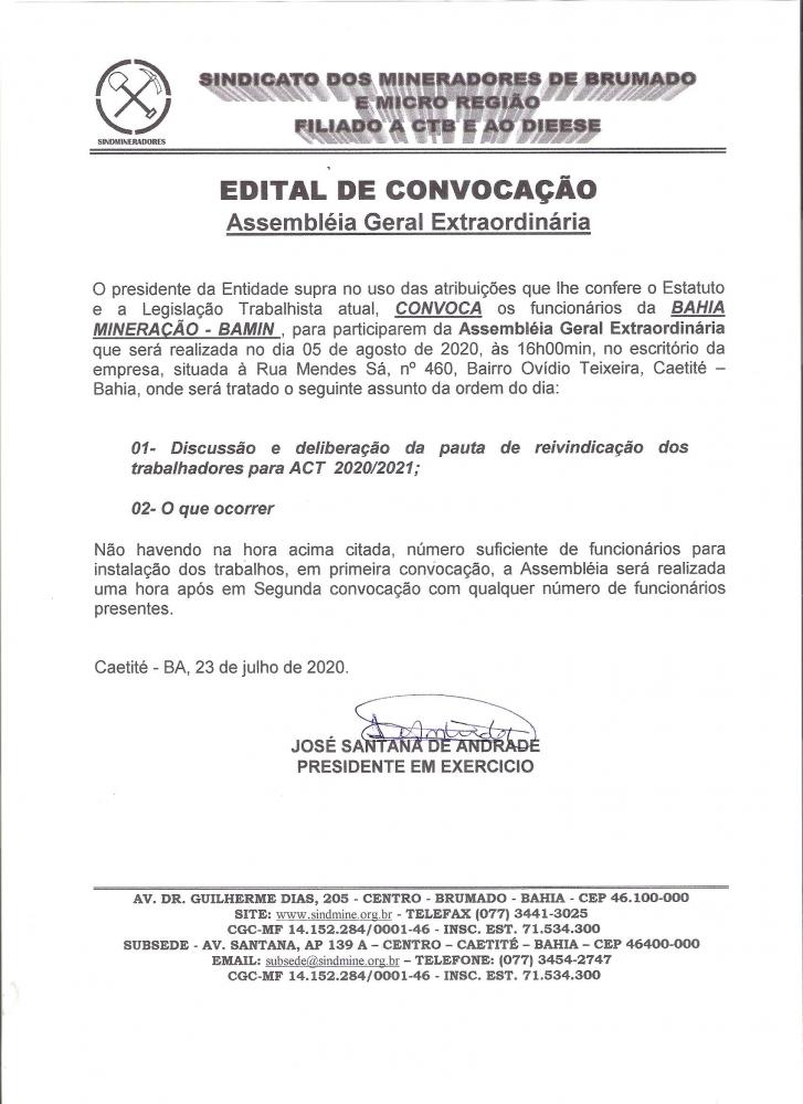 Edital de Convocação - Assembléia Geral Extraordinária - Bahia Mineração - BAMIN
