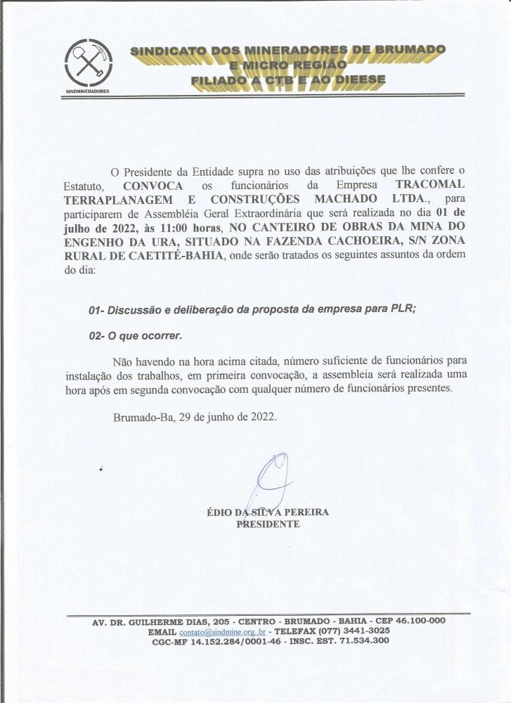 Edital de convocação - Tracomal Terraplanagem e Construções Machado LTDA