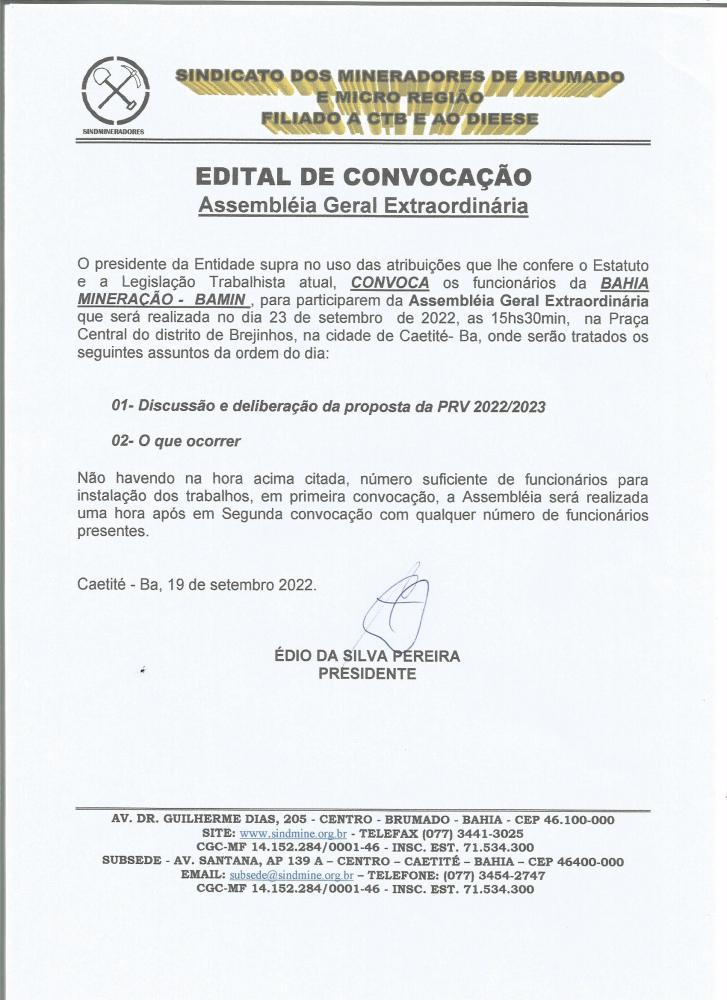 Edital de Convocação - Assembléia Geral Extraordinária - Bahia Mineração - BAMIN	