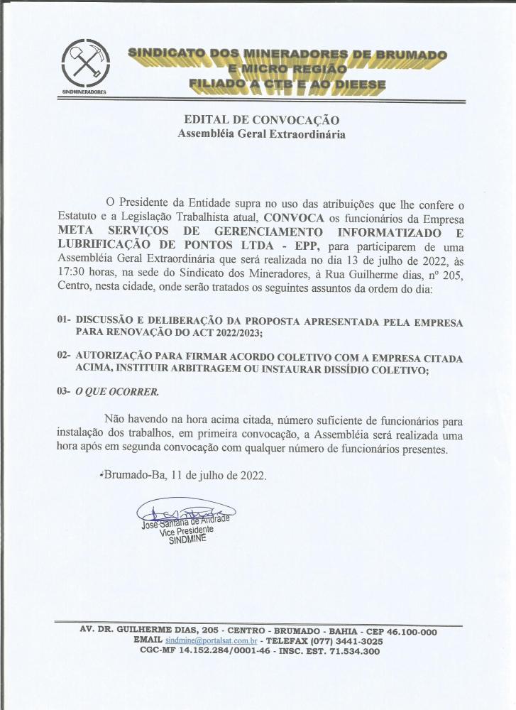 Edital de Convocação - Assembléia Geral Extraordinária - Meta Serviços de Gerenciamento Informatizado e Lubrificação de Pontos LTDA - EPP