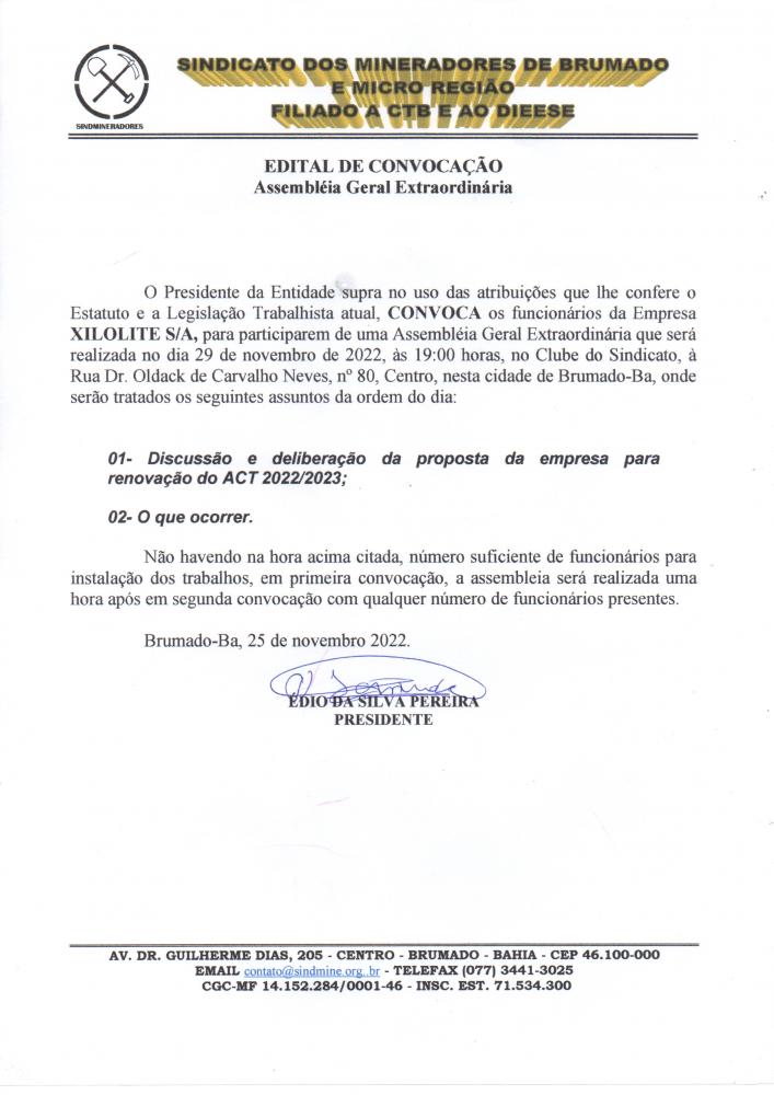 Edital de Convocação - Assembléia Geral Extraordinária - Xilolite S/A
