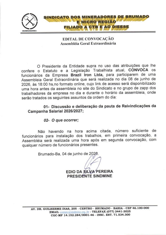 Edital de Convocação - Assembléia Geral Extraordinária - Brazil Iron LTDA