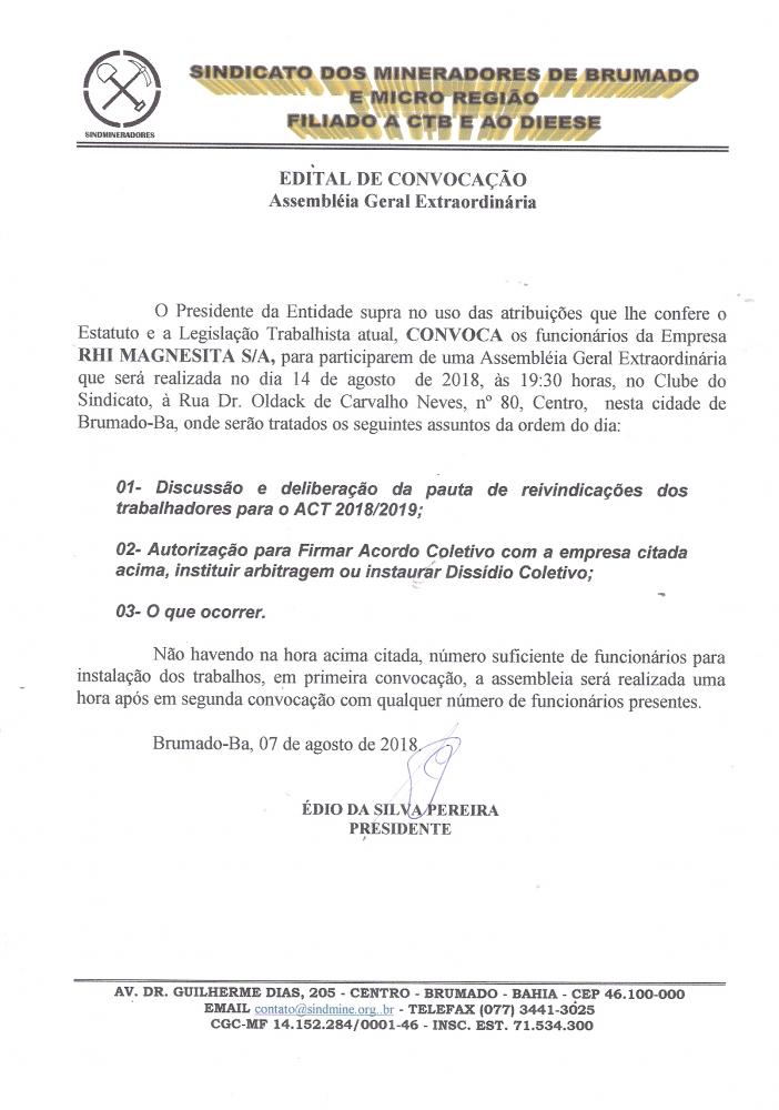 Edital de Convocação - Assembléia Geral Extraordinária - RHI Magnesita S/A