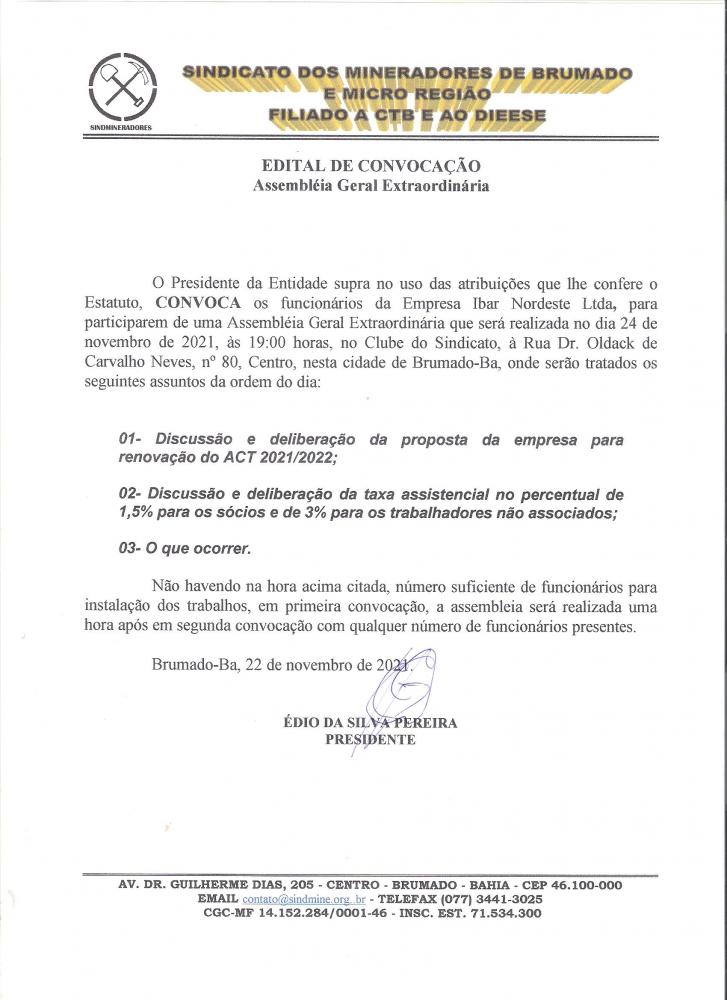 Edital de Convocação - Assembléia Geral Extraordinária - Ibar Nordeste LTDA
