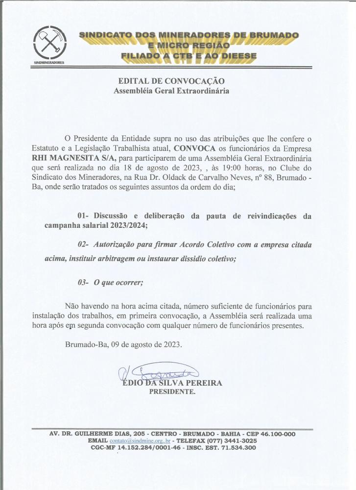 Edital de Convocação - Assembléia Geral Extraordinária - RHI Magnesita S/A
