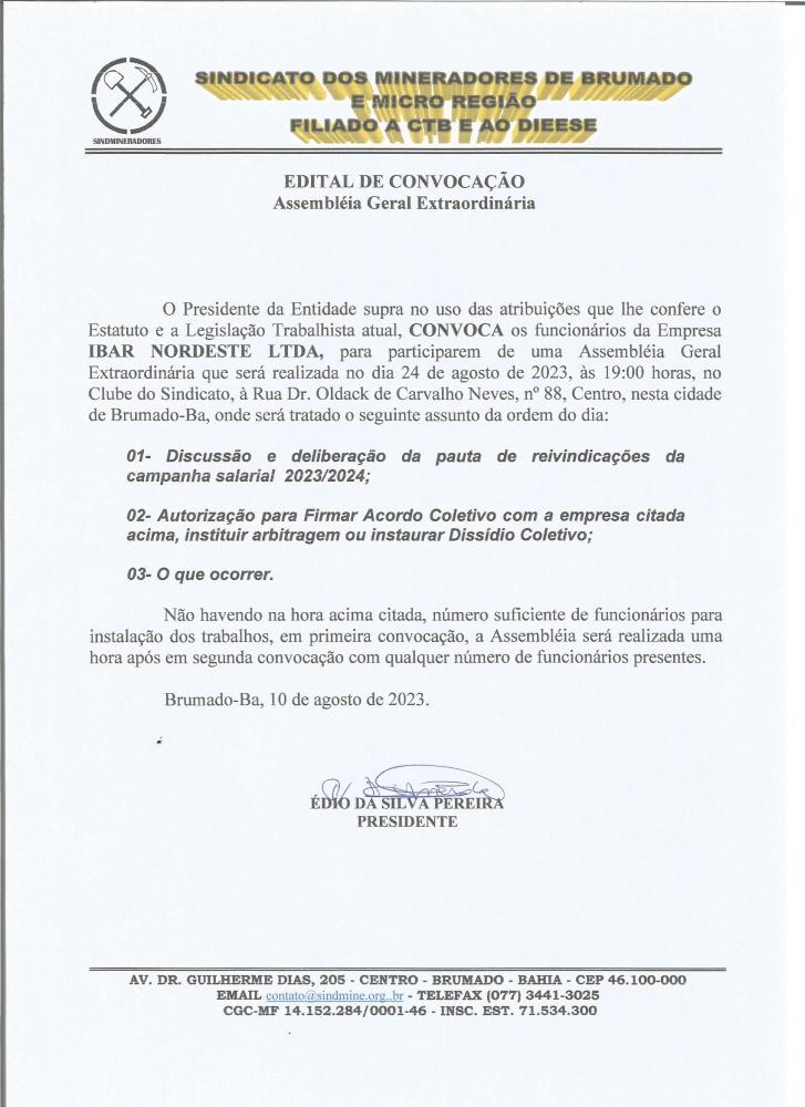 Edital de Convocação - Assembléia Geral Extraordinária - Ibar Nordeste LTDA