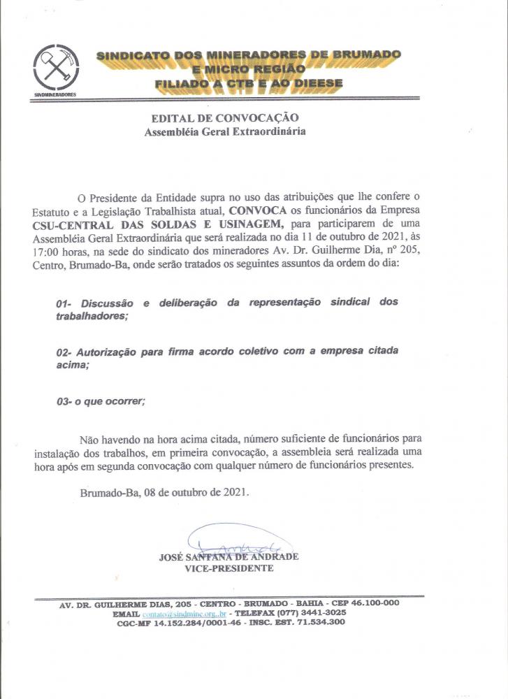Edital de Convocação - Assembléia Geral Extraordinária - CSU - Central das Soldas e Usinagem