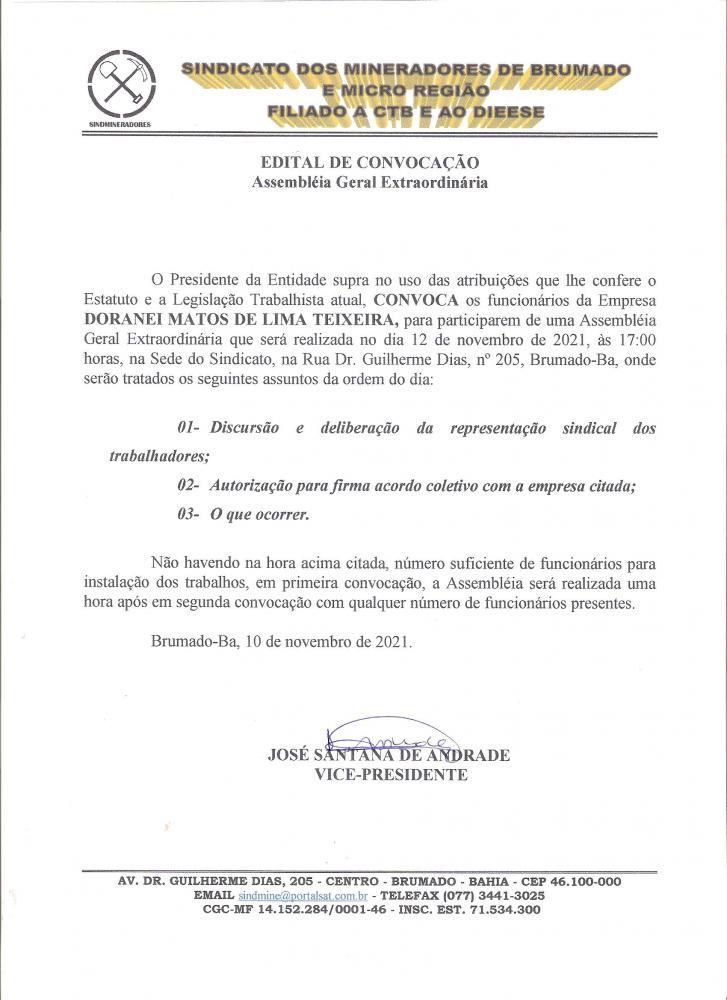 Edital de Convocação - Assembléia Geral Extraordinária - Doranei Matos de Lima Teixeira