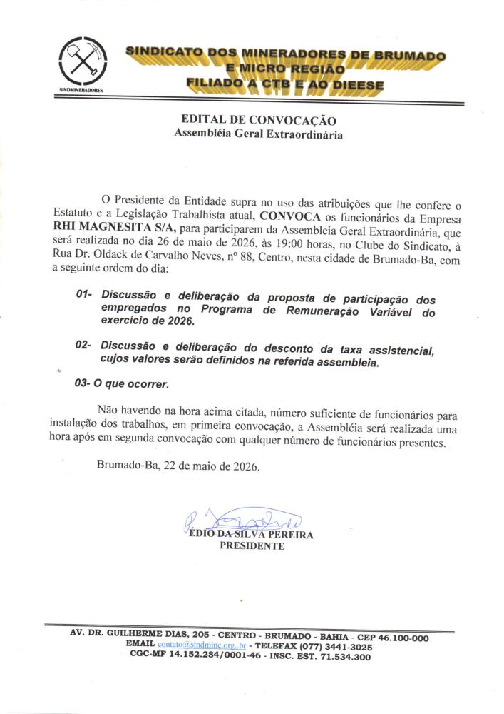 Edital de Convocação - Assembléia Geral Extraordinária - RHI Magnesita S/A