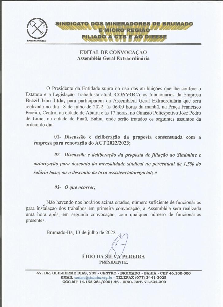 Edital de Convocação - Assembléia Geral Extraordinária - Brazil Iron LTDA