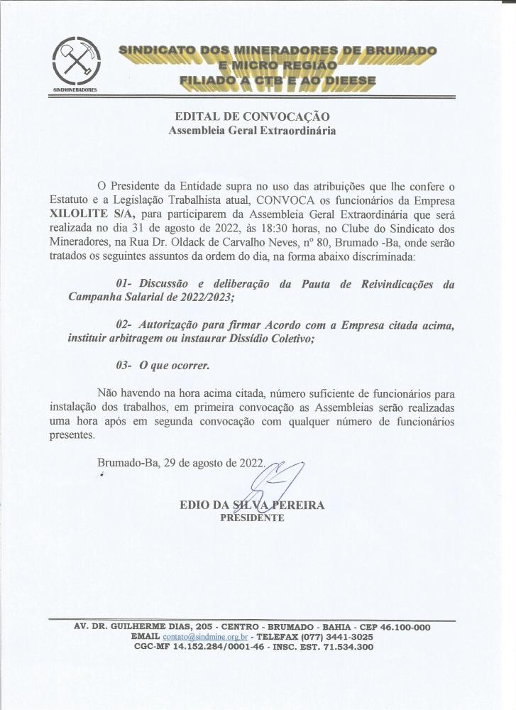Edital de Convocação - Assembléia Geral Extraordinária - Xilolite S/A	