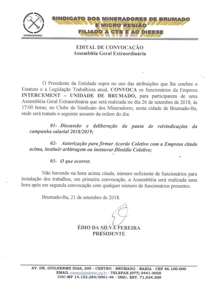 Edital de Convocação - Assembléia Geral Extraordinária - INTERCEMENT - Unidade de Brumado
