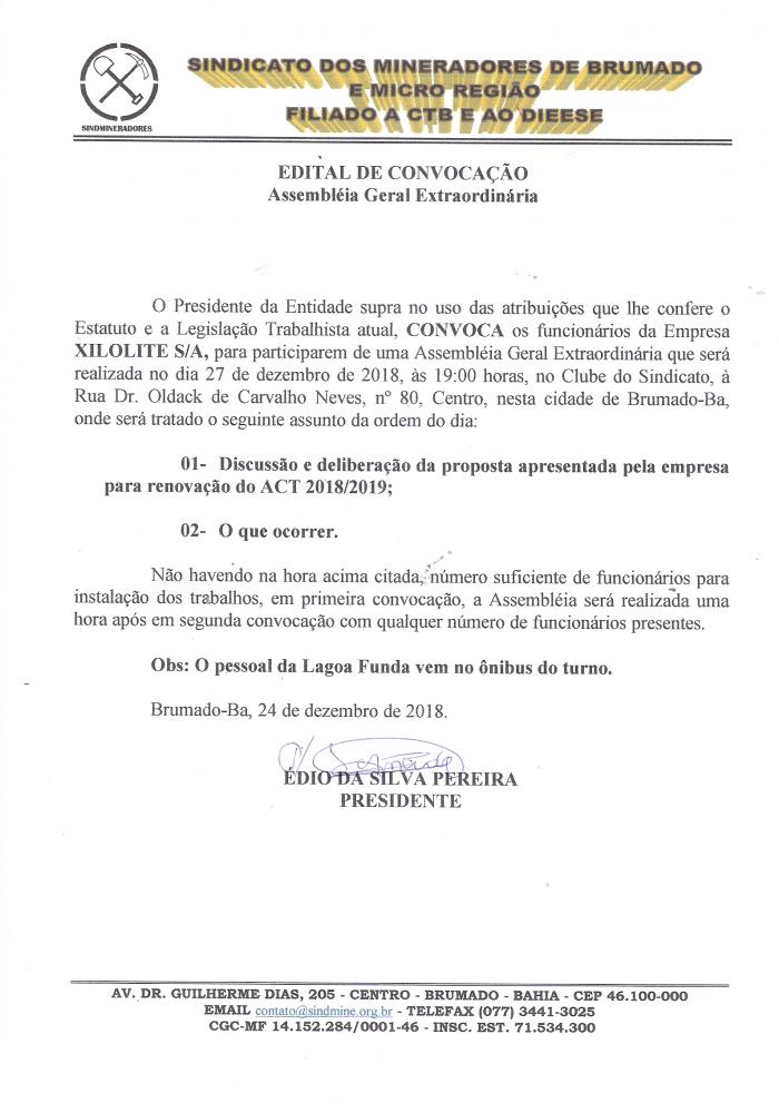 Edital de Convocação - Assembléia Geral Extraordinária - Xilolite S/A