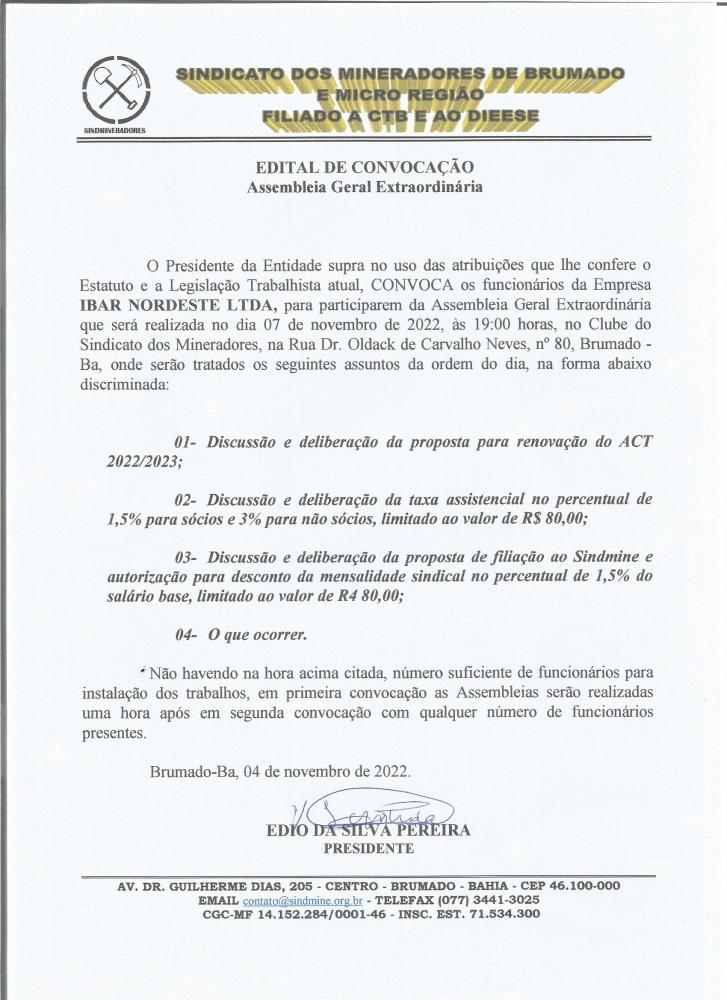 Edital de Convocação - Assembléia Geral Extraordinária - Ibar Nordeste LTDA	