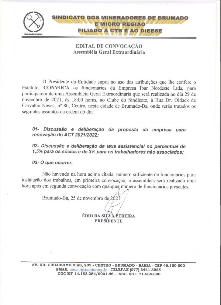 Edital de Convocação - Assembléia Geral Extraordinária - Ibar Nordeste LTDA