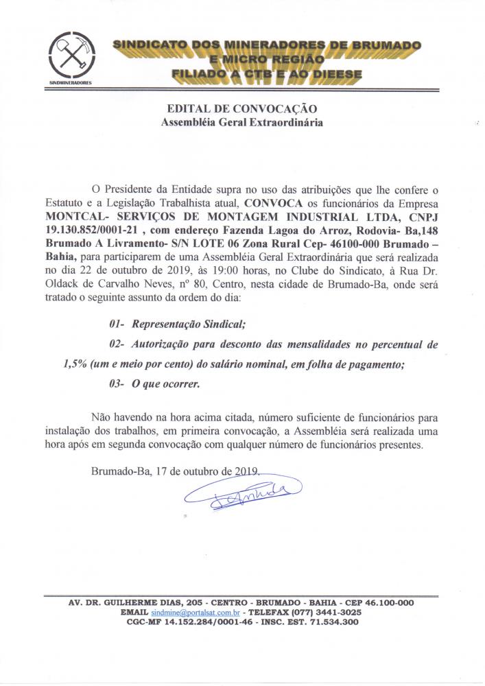 Edital de Convocação - Montcal - Serviços de montagem industrial LTDA