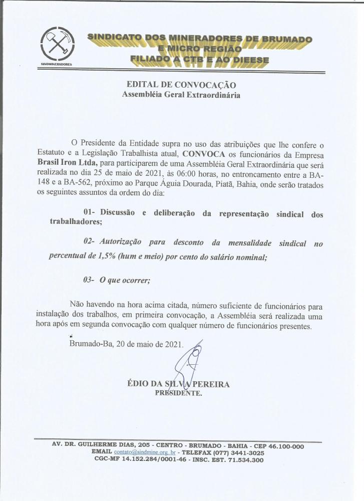 Edital de Convocação - Assembléia Geral Extraordinária - Brasil Iron LTDA