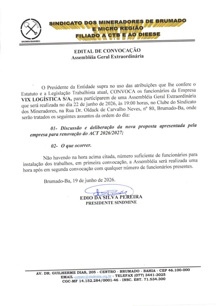 Edital de Convocação - Assembléia Geral Extraordinária - Vix Logística S/A