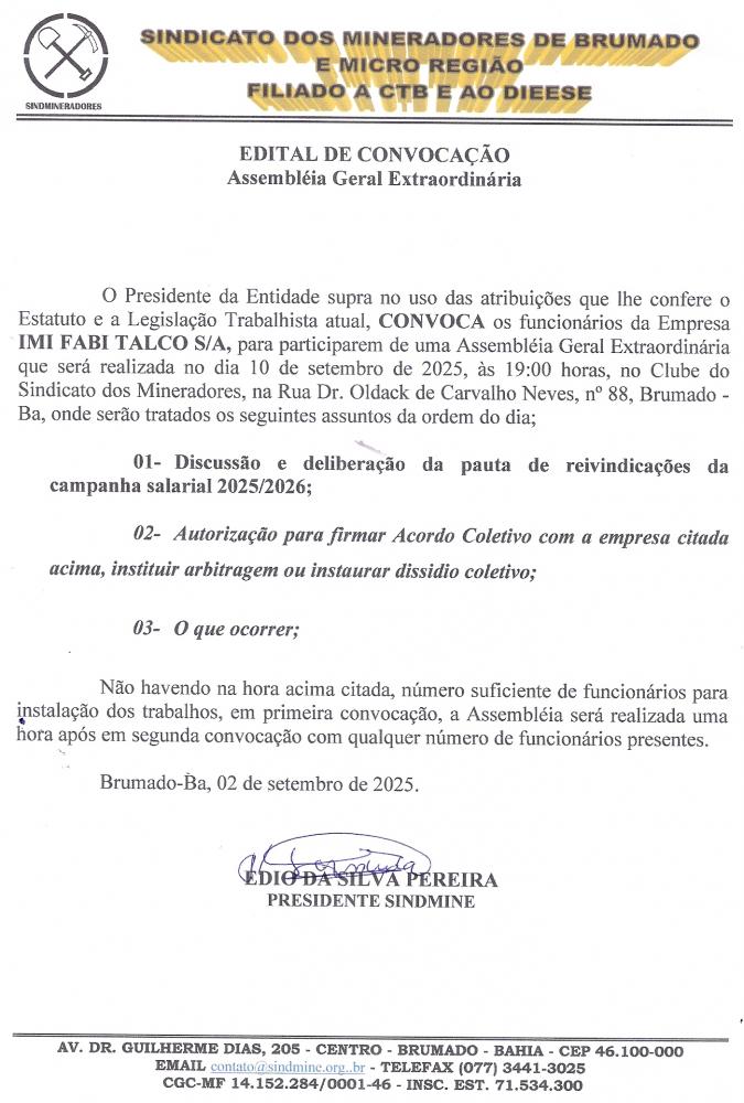 Edital de Convocação - Assembléia Geral Extraordinária - IMIFAB S.A