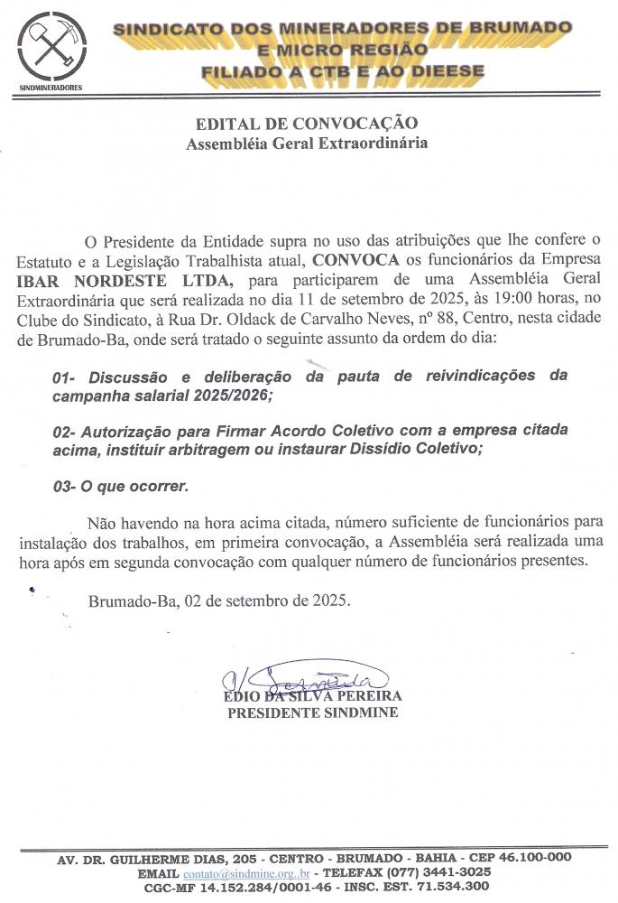 Edital de Convocação - Assembléia Geral Extraordinária - Ibar Nordeste LTDA