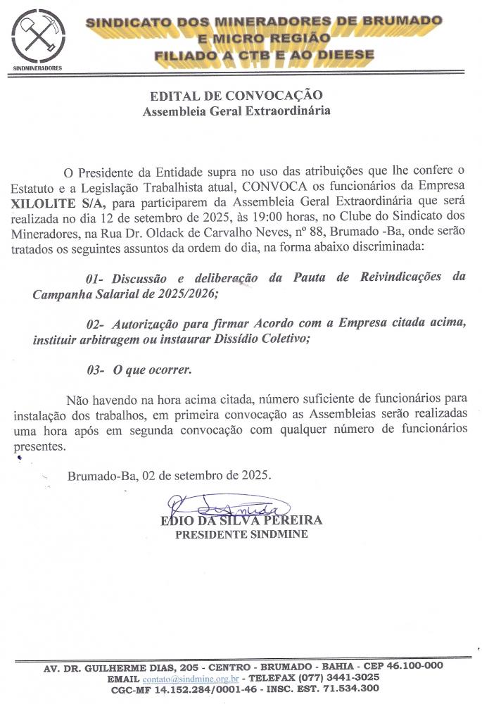 Edital de Convocação - Assembléia Geral Extraordinária - Xilolite S/A