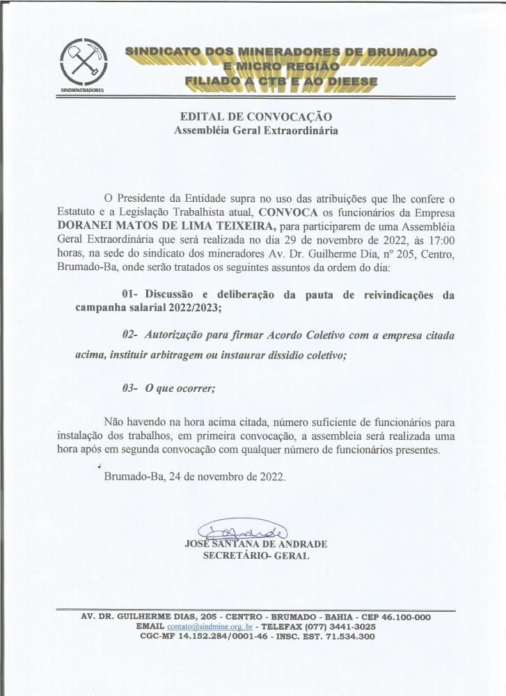 Edital de Convocação - Assembléia Geral Extraordinária - Doranei Matos de Lima Teixeira	