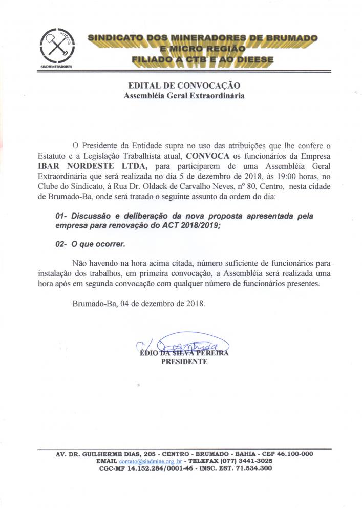 Edital de Convocação - Assembléia Geral Extraordinária - Ibar Nordeste LTDA