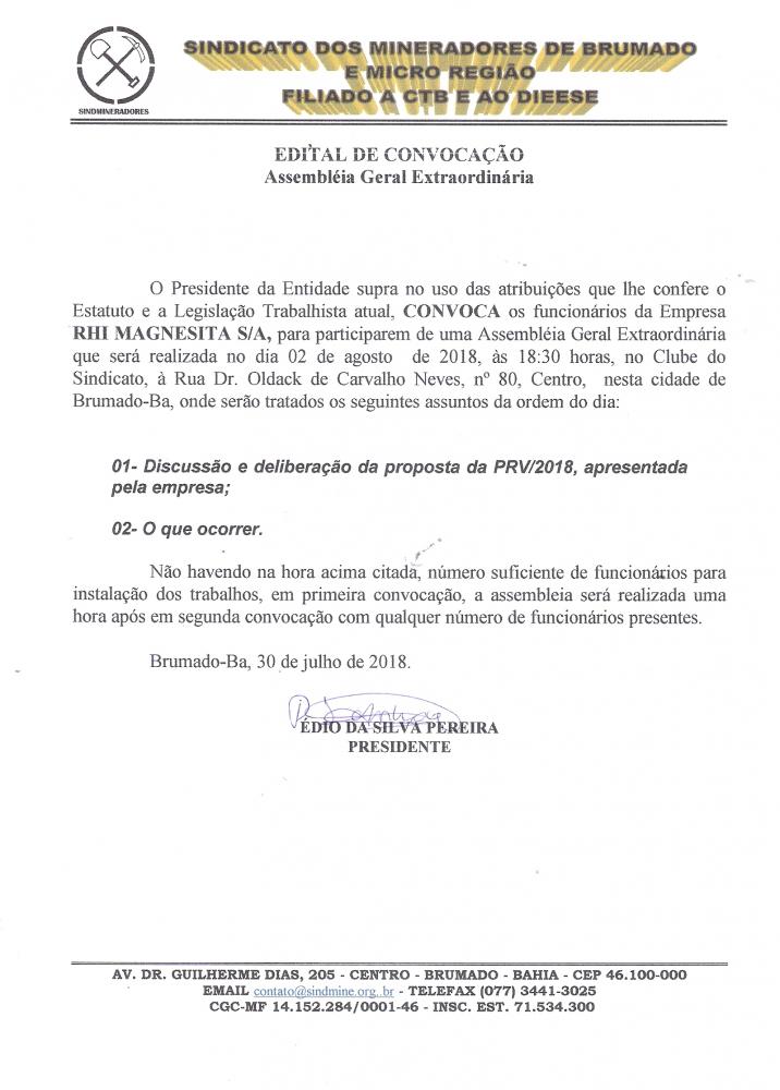 Edital de Convocação - Assembléia Geral Extraordinária - RHI Magnesita S/A